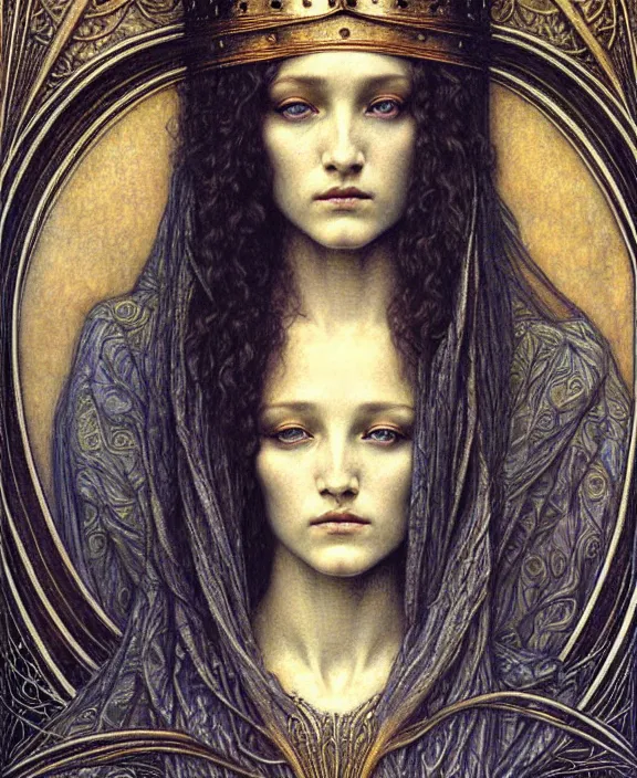 Image similar to detailed realistic beautiful young medieval queen face portrait by jean delville, gustave dore and marco mazzoni, art nouveau, symbolist, visionary, gothic, pre - raphaelite. horizontal symmetry