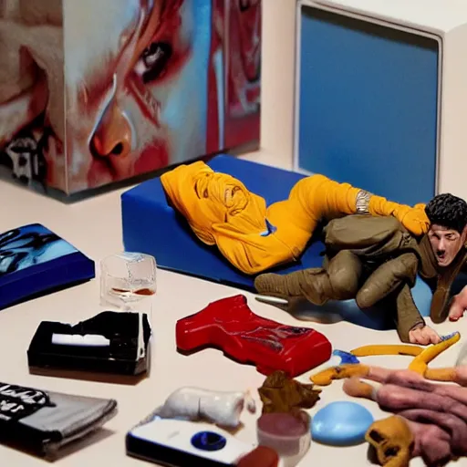 Prompt: eminem lying in tracey emin's bed, stop motion vinyl action figure, plastic, toy, butcher billy style