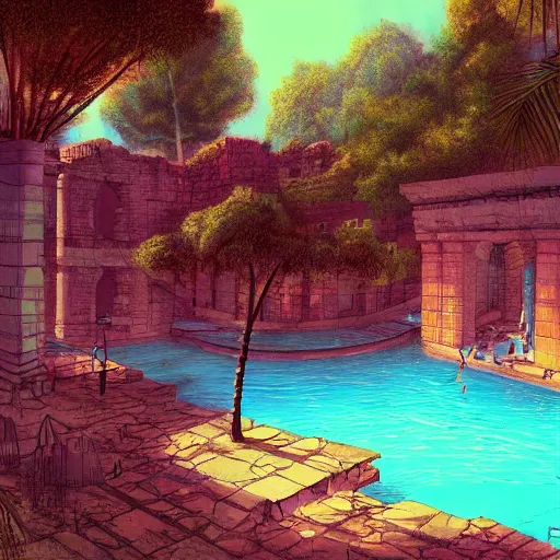 Image similar to a pool in a ancient ruins,retrowave art,trending on art station