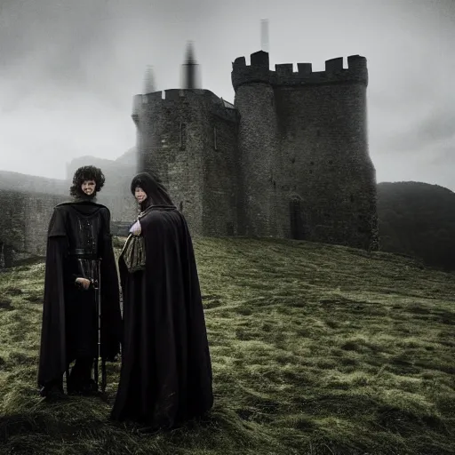 Image similar to merlin and gawain in a dark gloomy atmospheric medieval castle