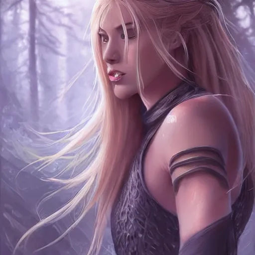 Image similar to epic portrait, An ninja female without her mask, blonde flowing long hair, pretty face, glossy lips, glowing eyes, Blurred forest backround, digital painting, artstation, concept art, soft light, hdri, smooth, sharp focus, illustration, fantasy, intricate, elegant, highly detailed, D&D, matte painting, in the style of Greg Rutkowski and Alphonse Mucha and artemisia, 8k, highly detailed, jurgens, rutkowski, bouguereau, pastoral, rustic, georgic