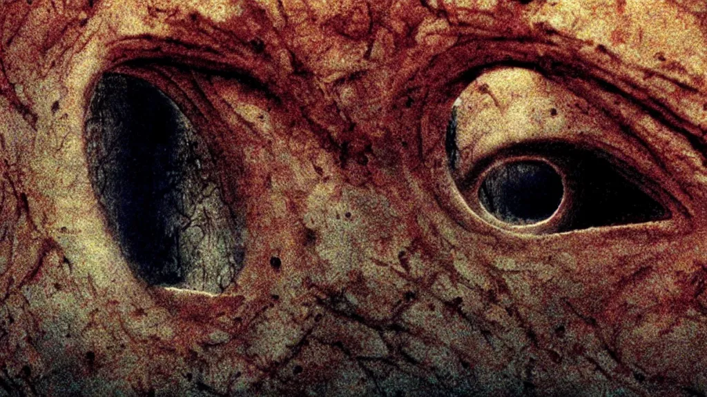 Image similar to the strange creature from my eye, film still from the movie directed by denis villeneuve and david cronenberg with art direction by salvador dali and zdzisław beksinski, wide lens