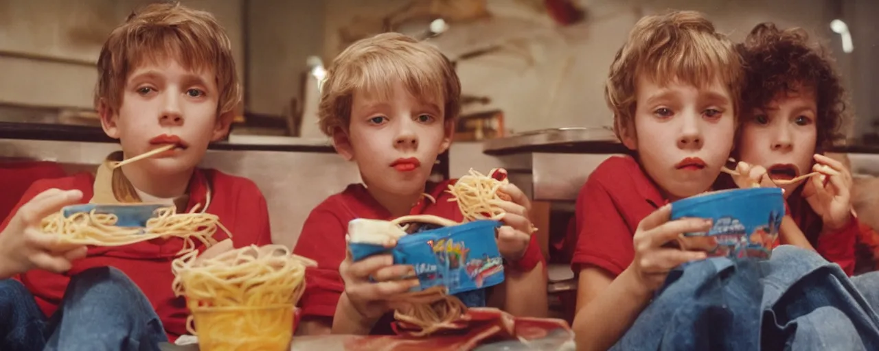 Prompt: a boy and girl at the movies snacking on a spaghetti container, kodachrome, in the style of wes anderson, retro