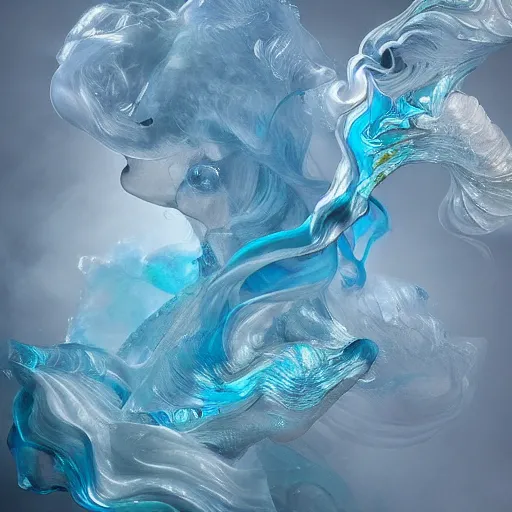 Prompt: A beautiful form made of pale blue smoke in the style of Aldo Katayanagi + Thick Milky Smoke + Mother Of Pearl +Milk and ink+ Iridescent smoky Elements + Moody Cinematic Lighting + Deep Shadows + Hyper Realistic + Maximalist Composition + Intricate Eldritch tendrils + 8K portrait + fluid dynamics