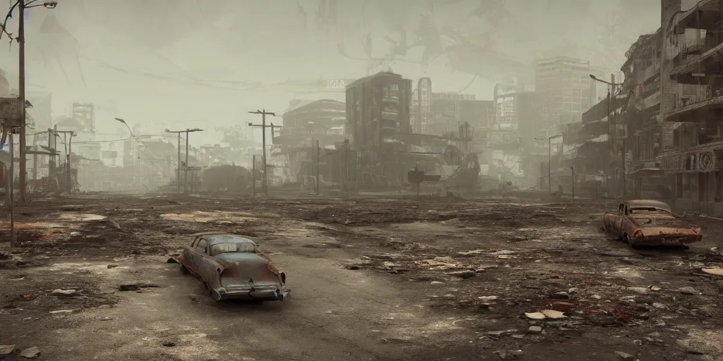 Prompt: wide angle shot of dilapidated fallout 5 tropical coastal city in real life, desolate, dilapidated, empty streets, nightmarish, some rusted retro futuristic fallout vintage style parked cars, overcast, blankets of fog pockets, rain, volumetric lighting, photorealistic, daytime, autumn, sharp focus, ultra detailed, cgsociety