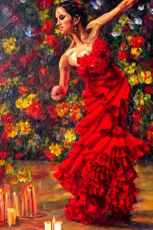 Image similar to oil painting of spanish flamenco dancer in mallorca wearing a red dress made of flowers, dimly lit by candles on the ground, photo realistic, extreme detail skin, no filter, slr, 4 k, high definition