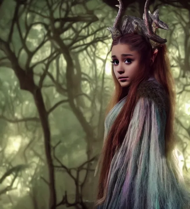 Prompt: ariana grande as a mystical forest creature, d & d, movie still frame, hd, remastered, film grain, cinematic lighting