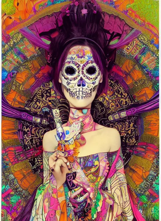 Image similar to cute punk goth fashion hippy fractal Día de los Muertos android girl wearing kimono made of light posing by Zhang Jingna, psychedelic poster art of by Victor Moscoso Rick Griffin Alphonse Mucha Gustav Klimt Ayami Kojima Amano Charlie Bowater, masterpiece