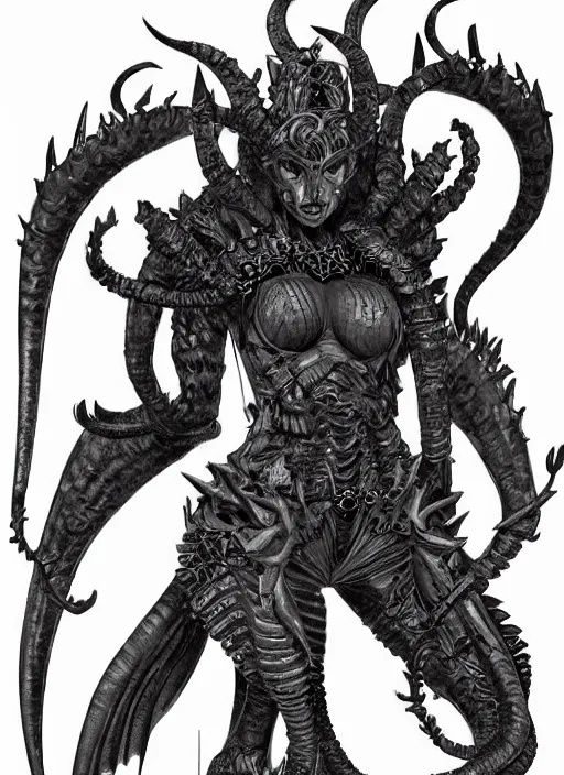 Image similar to a detailed full body demonic tiefling, queen of blades, by yusuke murata, by hiroya oku, trending on artstation