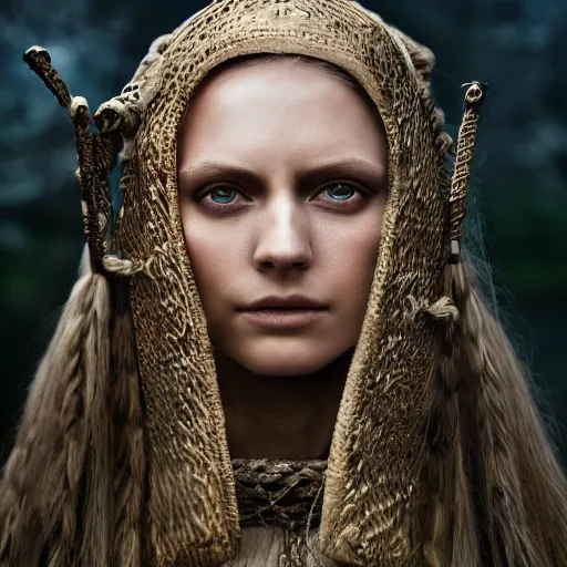 Image similar to portrait of a stunningly beautiful medieval norse maiden, depth of field, zeiss lens, detailed, symmetrical, centered, fashion photoshoot, by Annie Leibovitz and Steve McCurry, David Lazar, Jimmy Nelsson, Breathtaking, 8k resolution, extremely detailed, beautiful, establishing shot, artistic, hyperrealistic, beautiful face, octane render