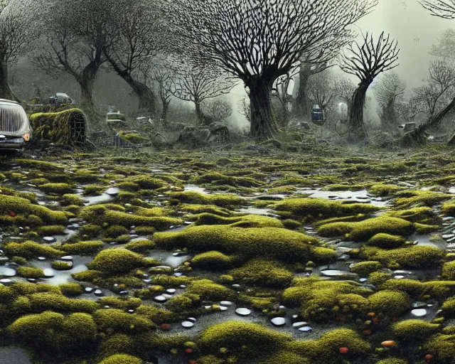 Image similar to panoramic view, superintelligent ecological matrix of moss and lichen dotted biomechanical trees growing on junkyard heaps of electronics and automobiles among puddles of glistening oil, artists bev doolittle and philippe caza, high contrast cinematic light, mystical shadows, sharp focus, octane render, three dimensional autostereogram optical illusion, repeating patterns, seamless tile