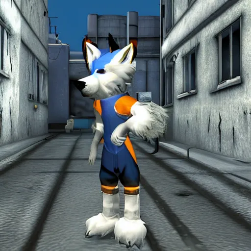 Prompt: furry anthro digital video game screenshot source engine of an anthropomorphic wolf with white fur wearing blue uniform standing in an alley city 17 in background from half life 2