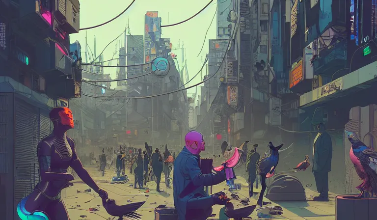 Prompt: cyborg feeding electric pigeons at a dirty crowded streetcorner, cyberpunk, by Josan Gonzalez and Tomer Hanuka and Moebius and Brad Rigney and Greg Rutkowski,highly detailed, UHD, 8K, Ghost in the shell, Blade Runner, Trending on artstation, bokh, dof