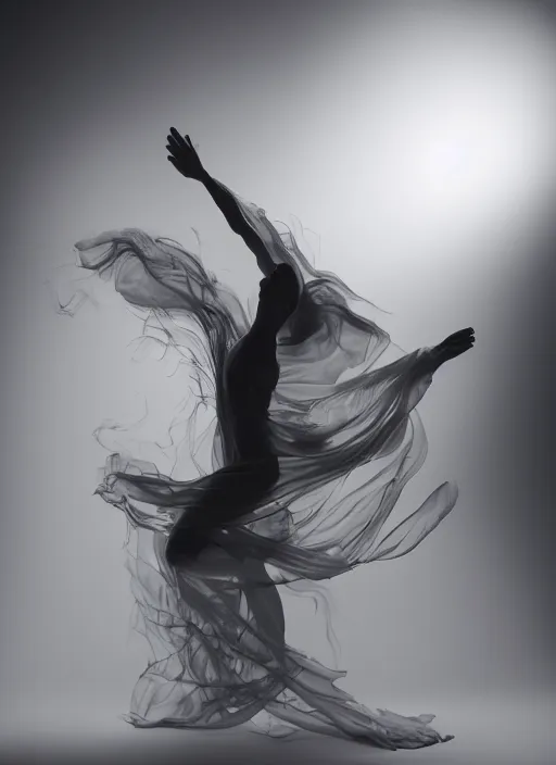 Image similar to a Photorealistic dramatic hyperrealistic render of a beautiful Female smoke dancer by Ken Brower and Deborah Ory of NYC Dance project,Lois Greenfield,Flowing cloth and smoke,Beautiful dynamic dramatic dark moody lighting,volumetric,shadows,cinematic atmosphere,Octane render,8K