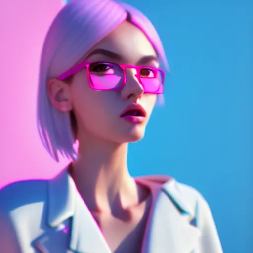 Image similar to selfie of a young woman, winged eyeliner, pastel clothing, urban environment, depth of field, octane render, digital painting, trending on artstation