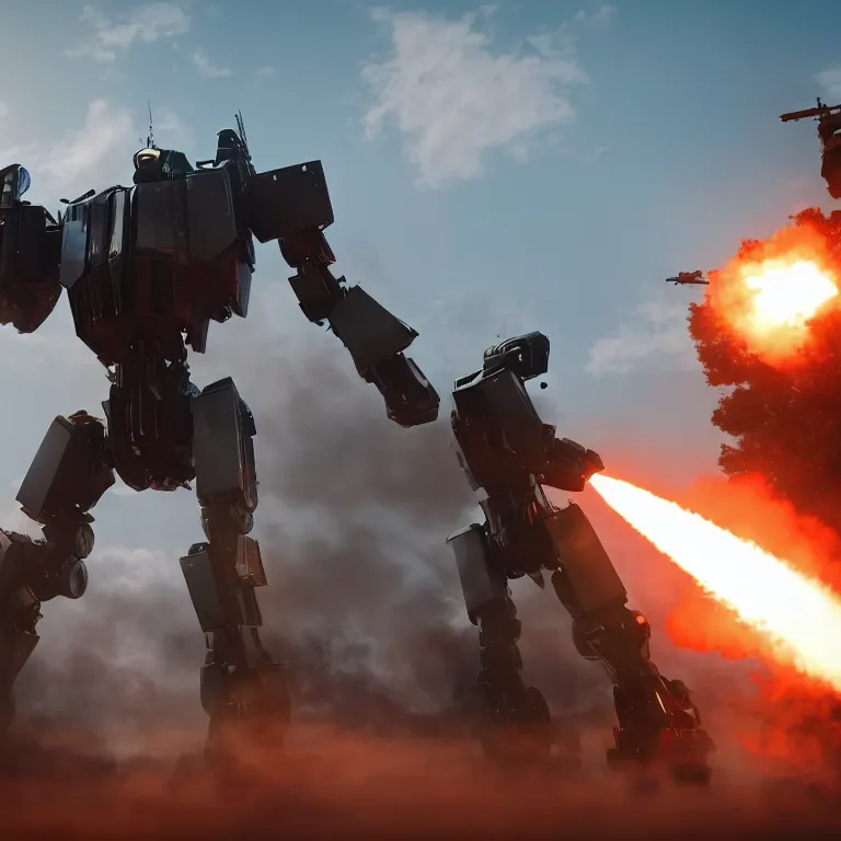 Image similar to Giant police mech fires rockets at helicopter, color, cinematic lighting, highly detailed, octane render