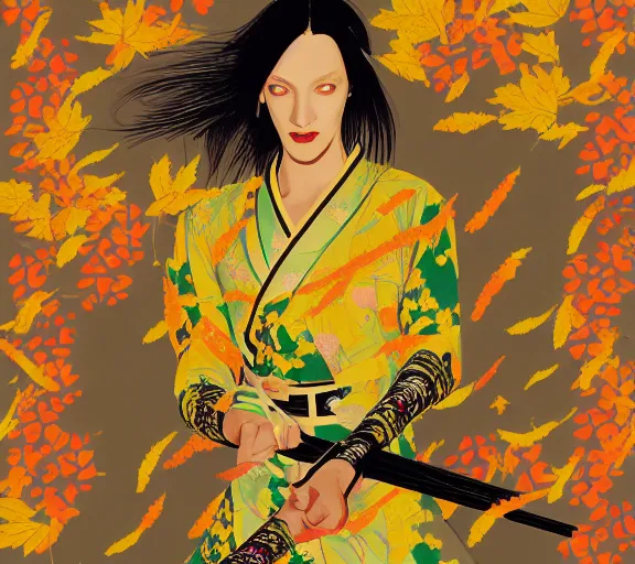 Prompt: breathtaking detailed pattern pastel colors, action scene from kill bill, with uma thurman ( kill bill ) in yellow kimono, swinging katana sword and autumn leaves, fuji, by hsiao - ron cheng, exquisite detail, enhanced eye detail