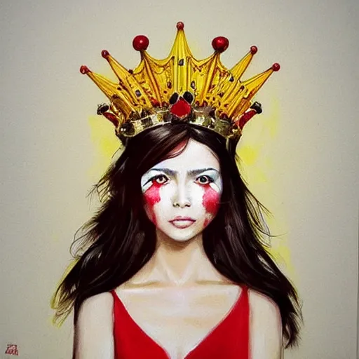 Image similar to an elegant yellow!! bird!!! wearing a crown!!! and a red! bow!! tie!!, painting in the style of sandra chevrier, very very beautiful, high quality, detailed, 4k, digital art, artstation, smooth