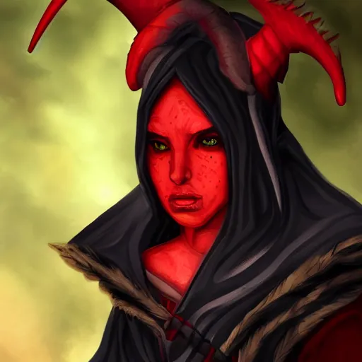 Prompt: a female tiefling with red skin, freckles, and a black cloak