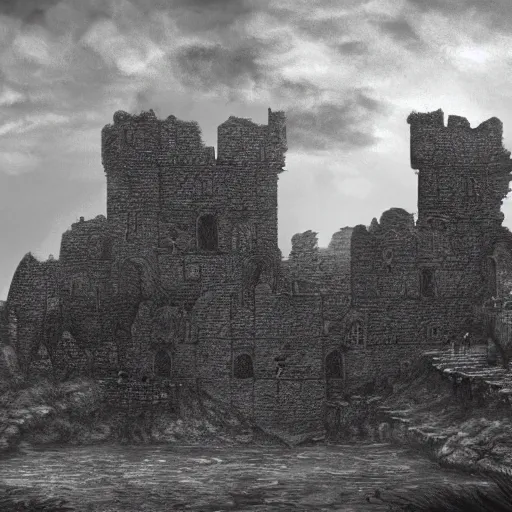 Prompt: ruined castle in the style of kentaro miura, 4 k, 8 k, absolute detailing of even the smallest details and particles, beautiful shadows, beautiful art, black and white drawing