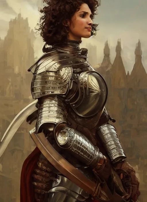 Image similar to medium-length portrait of a female knight with short curly hair and brown eyes, dark brown skin, happy expression, wears a combination of plate armor and boiled leather, medieval setting, highly detailed, digital painting, artstation, concept art, sharp focus, illustration, art by greg rutkowski and alphonse mucha