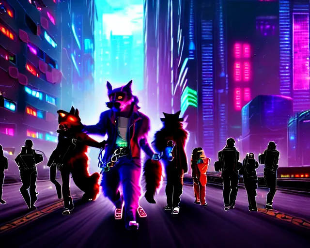 Image similar to high - resolution photograph from a cyberpunk era furry fandom convention ( midwest furfest 2 0 4 7 ), taking place after the genetic revolution and quantum singularity. photorealistic.