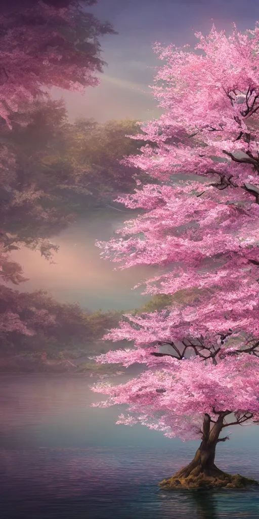 Image similar to a single sakura tree growing upon an island in a lake, cherry blossoms, illustration, light beams, digital art, oil painting, fantasy, 8 k, trending on artstation, detailed