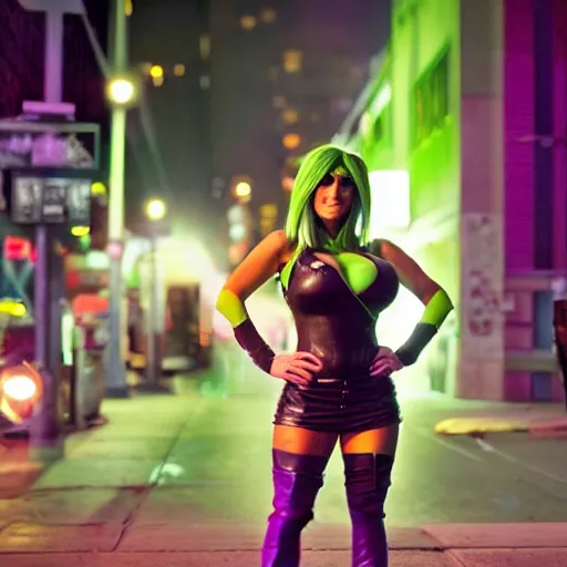 Image similar to Jessica Nigri as She Hulk on the street in New York City at night, Lights are on down the street, light fog in the backround, cinematic, realistic, detailed