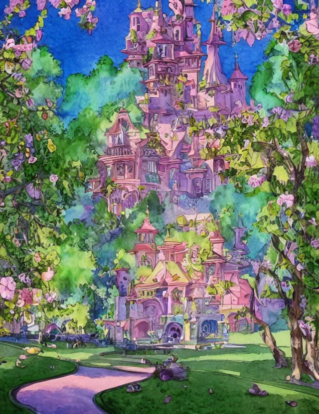 Prompt: futuristic magic castle in springtime. this watercolor painting by the beloved children's book author has interesting color contrasts, plenty of details and impeccable lighting.