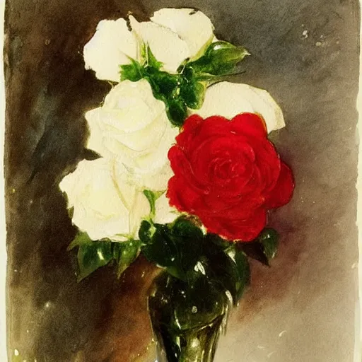 Prompt: red roses in a crystal vase, water paint, watercolor blooms, jmw turner, john singer sargent