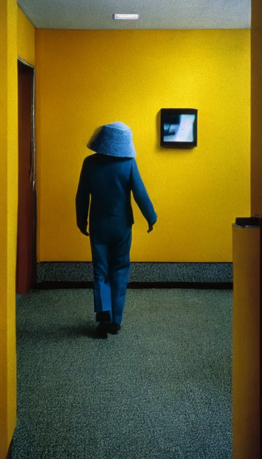 Image similar to 7 0 s movie still of a man made of wool walking in a hospital with yellow wall, cinestill 8 0 0 t 3 5 mm eastmancolor, heavy grain, high quality, high detail