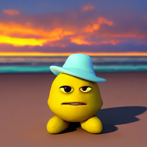 Image similar to 3 d render, chibi lemon character with an angry look on his face, he is wearing a hat, relaxing on the beach at sunset