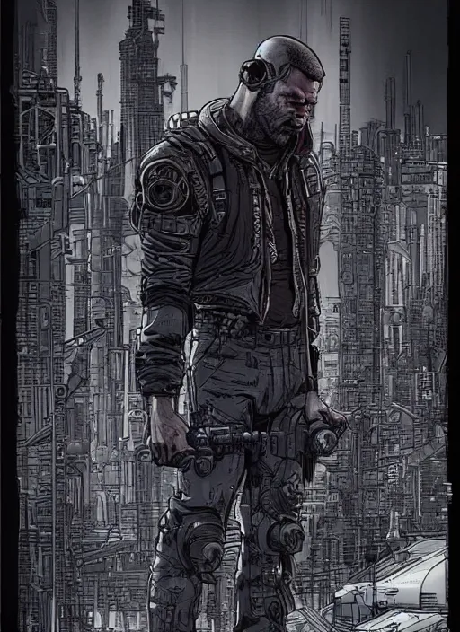 Prompt: Dumb Bubba. Buff cyberpunk meathead looking scared. Realistic Proportions. Concept art by James Gurney and Laurie Greasley. Moody Industrial skyline. ArtstationHQ. Creative character design for cyberpunk 2077.