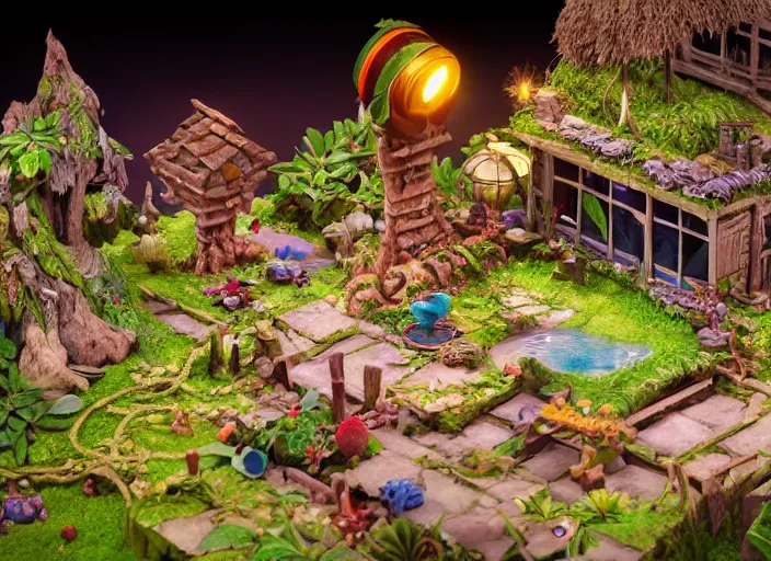 Image similar to detailed studio photography of a fantasy claymation diorama of an isometric tropical island game level design, zeiss lens, detailed, by erwin olaf, joop geesink, wes anderson, jim henson, brian froud, breathtaking, 8 k resolution, beautiful lighting, studio light, extremely detailed, establishing shot, realistic materials, hyperrealistic