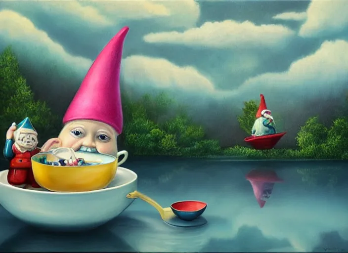 Image similar to a garden gnome sailing in a teacup, whimsical background of a reflective pond on a sunny day with dramatic clouds, an ultrafine detailed painting by mark ryden, trending on deviantart, pop surrealism, whimsical, lowbrow, joyous, perfect cute face