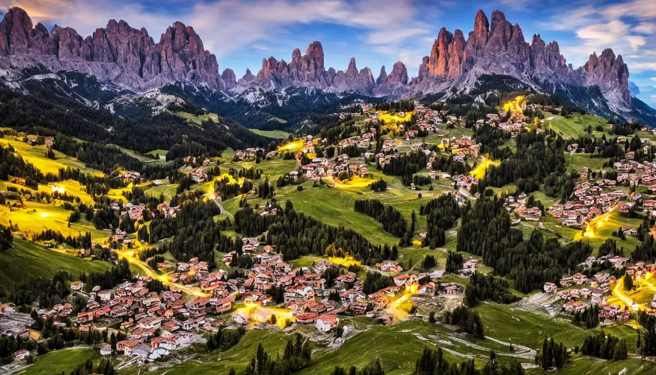 Prompt: an italian town in the dolomites mountains, aurora borealis in the sky