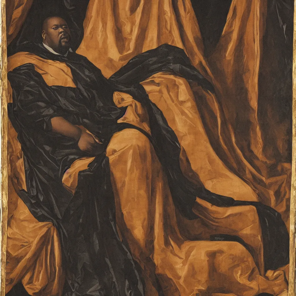 Image similar to Large black man sitting on throne wrapped in silk, background made of large folding curtains, dimly lit, dark, renaissance painting, style of carrivagio