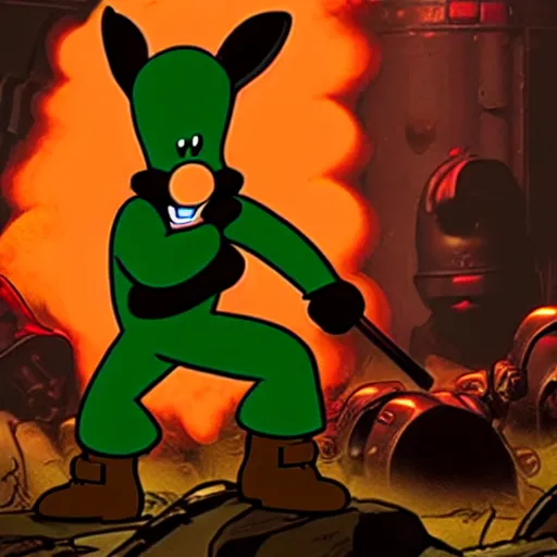 Image similar to Elmer Fudd from Loony Tunes in Doom, wearing green armor and helmet, killing demons, rip and tear, video game