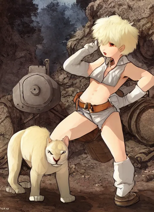 Prompt: character portrait of a (((anthro albino mountain lion))) wearing miner's clothes at the mines. hidari, color page, tankoban, 4K, tone mapping, Akihiko Yoshida.