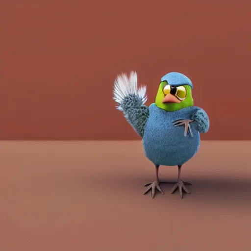 Image similar to cute bird character wearing a sweater, Disney Pixar, in the style of claymation, high detail, detailed feathers and fur, 3d render