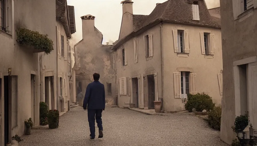 Image similar to movie still of nathan never in a french style townhouse who is burning in a small french village, heavy grain, high quality, high detail, dramatic light, anamorphic, flares