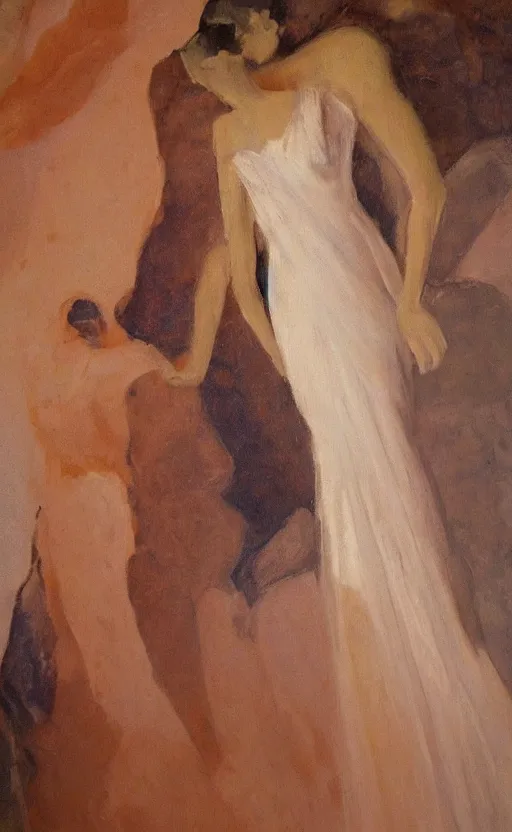 Image similar to romantic cave painting of in an elegant dress, by gregory manchess, james gurney, james jean, realistic, photo, 8 k