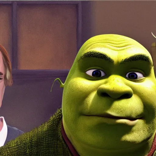 Image similar to Shrek being defended in court by Saul Goodman, detailed hyperrealistic photograph