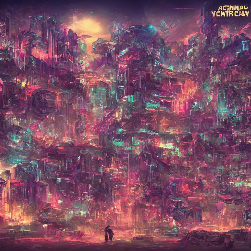 Prompt: ancient city, retrowave epic art, trending on art station