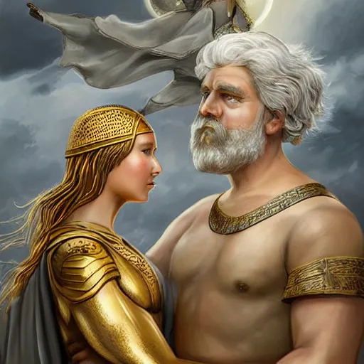 Image similar to Jennifer Lawrence as ancient greek woman in golden helmet, giant grey-haired bearded male face in the sky, epic fantasy style art, fantasy epic digital art