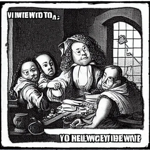 Prompt: a meme from 1 6 8 5, vintage, funny,
