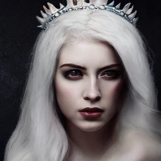 Image similar to a pale girl with white hair wears an animal skull as a crown, cinematic lighting, ultra detailed, grand master oil painting