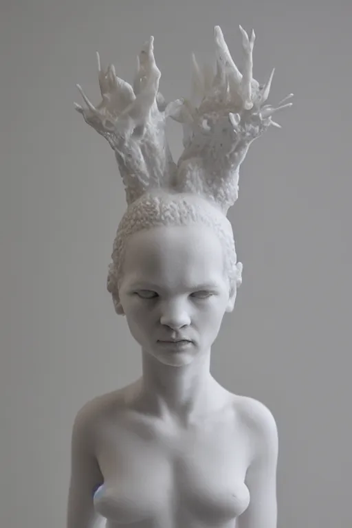 Prompt: full head and shoulders, beautiful female porcelain sculpture mixed with an axolotls, by daniel arsham and raoul marks, smooth, all white features on a white background, delicate facial features, white eyes, white lashes, detailed white 3 d lizards on the head