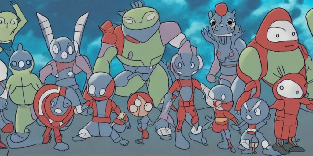 Image similar to the snorks in the avengers, animation, studio ghibli style