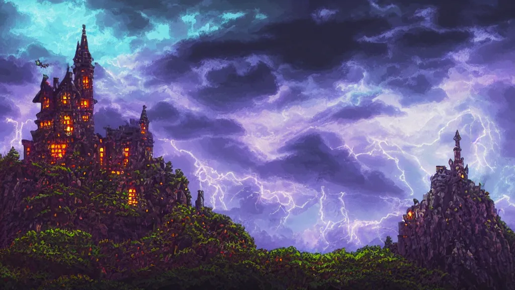 Image similar to ドット絵 and Pixel Art, Dark old fantasy castle on the hill, night cloudy sky, rain, lighting, thunder painting, Alchemy, Fantasy, 8 bit game, Pixel art background